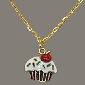 Gold Cupcake with a cherry Pendant Necklace